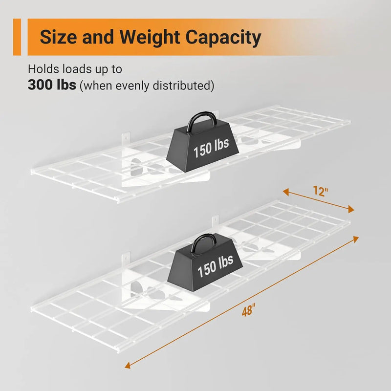 1x4 ft Garage Shelving, 2-Pack Wall-Mounted Shelves for Garage, Kitchen, Pantry Storage, 300 lbs Total Load Capacity Wall Shelving, White by GreenHaven Gardens