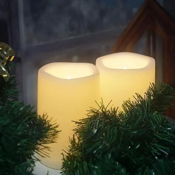 CANDLE CHOICE Waterproof Outdoor Battery Operated Flameless Candles with Timer Large Plastic Resin Bright Flickering Electric LED Pillars Lantern Garden Wedding Christmas Decorations 4”(D)x6”(H) 2 PCS by GreenHaven Gardens