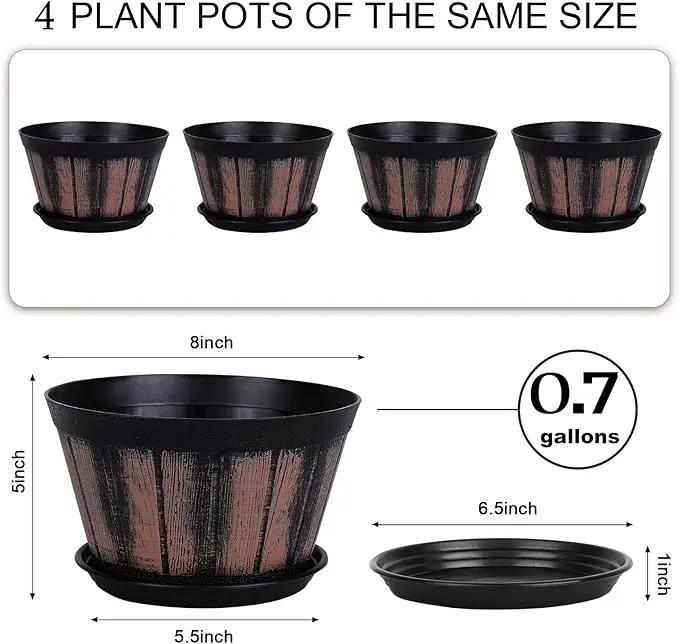 Quarut 8 inch Brown Plastic Whiskey Barrel Plant Pots Set of 4 with Drainage Holes and Saucer for Indoor and Outdoor Garden Home Plants by GreenHaven Gardens
