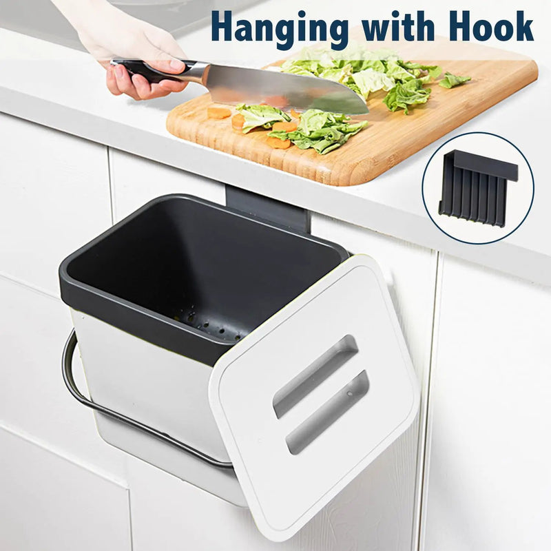 Kitchen Compost Bin Countertop, LALASTAR Hanging Trash Can with Lid for Kitchen Cabinet Door, Wall-Mounted Compost Pail with Colander, 1.8 Gallons, White by GreenHaven Gardens