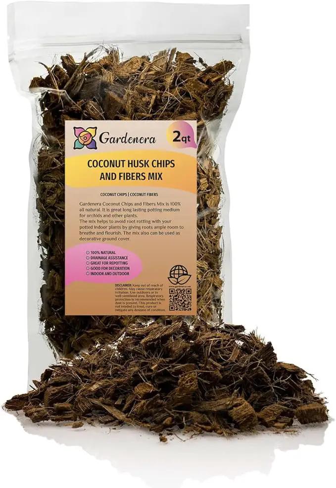 Premium Coconut Husk Chips and Fibers Mix for Orchids, Houseplant, Monstera and Fiddle Leaf Fig by GARDENERA (2 Quart Bag) by GreenHaven Gardens