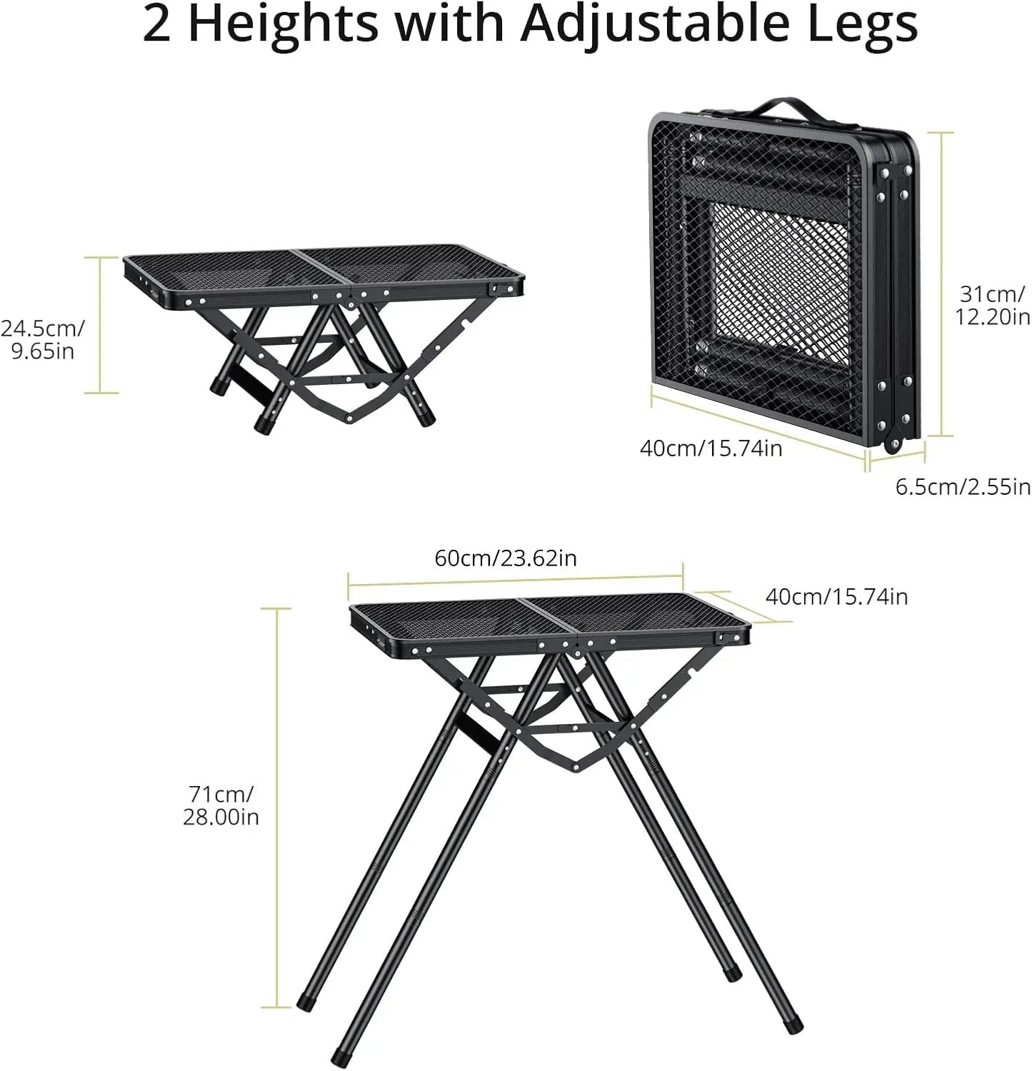2ft Sturdy Folding Grill Table, Supports 180 Lbs, 2 Adjustable Height 28” Portable Grill Table, Heat-Resistant Tabletop, Folding Metal Table for Camping BBQ Cooking Backyard, 24" X 16", Black by GreenHaven Gardens
