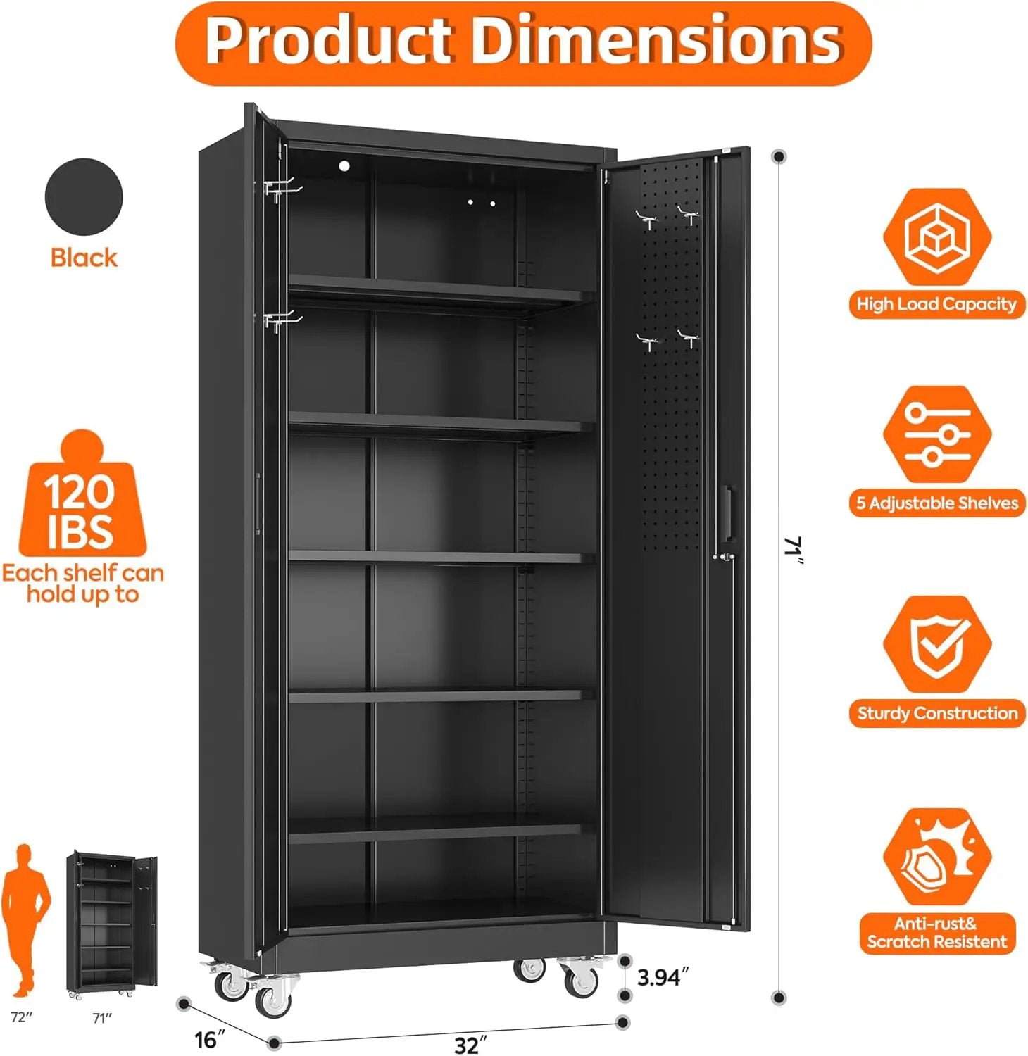 Aobabo 71" H×32" W×16" D Metal Storage Cabinet with Wheels, Garage Steel Storage Cabinet with 5 Adjustable Shelves and 4 Hooks for Home Office, Kitchen, Assembly Required, Black by GreenHaven Gardens