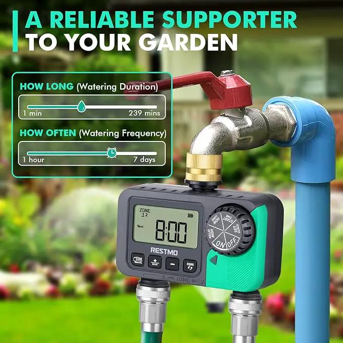 RESTMO Water Timer for Garden Hose, Sprinkler Timer with Brass Inlet, Automatic Digital Control | Manual ON/Off | Rain Delay, for Outdoor Faucet, Drip Irrigation and Lawn, 2 Outlet by GreenHaven Gardens