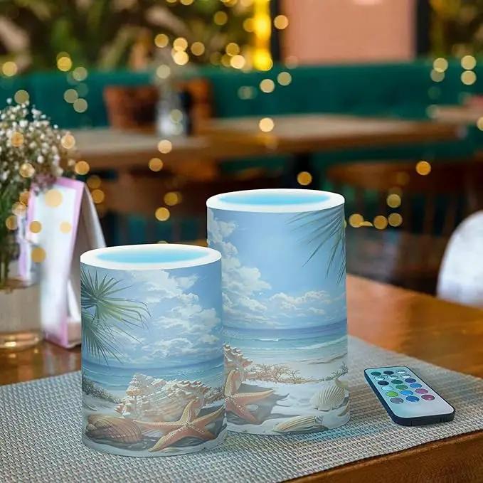 Flickering Flameless Candles, Starfish Seashell Beach Palm LED Candles with Remote Timer, Set of 2 Battery Operated Candle for Valentine Wedding Birthday by GreenHaven Gardens
