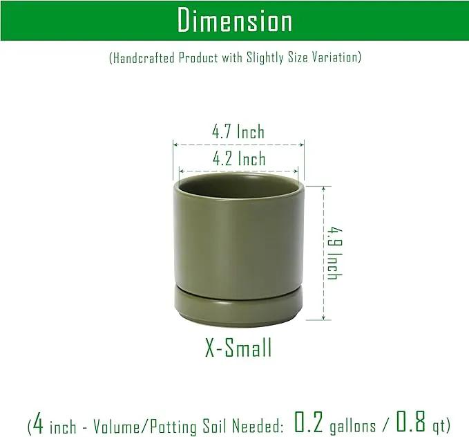 D'vine Dev Set of 4 Small Ceramic Plant Pots, 4.6 Inch Succulent Planter Pot for Plants with Drainage Hole and Saucer, Olive, 94-X-B-0 by GreenHaven Gardens
