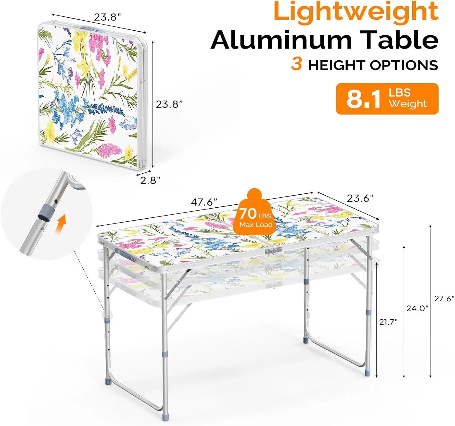 VINGLI 4FT White Folding Table with Carrying Handle Height Adjustable Lightweight Fold Up Portable for Indoor Outdoor Picnic,Camping,Hiking,Fishing,BBQ … by GreenHaven Gardens