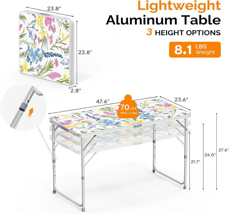 VINGLI 4FT White Folding Table with Carrying Handle Height Adjustable Lightweight Fold Up Portable for Indoor Outdoor Picnic,Camping,Hiking,Fishing,BBQ … by GreenHaven Gardens