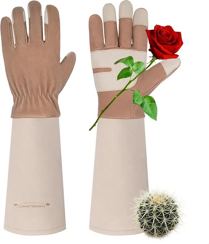 HANDLANDY Long Gardening Gloves for Men & Women, Thorn Proof Rose Pruning Gloves Leather Gauntlets Garden Glove Yard Work Glove (Medium, Brown) by GreenHaven Gardens