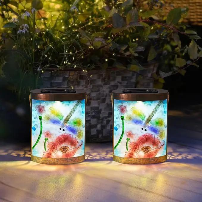 Starsoul 2 Pack Hanging Solar Lantern Outdoor Waterproof Glass Dragonfly and Lotus Decorative Solar Lights for Outside Garden Yard Table Patio Decor by GreenHaven Gardens