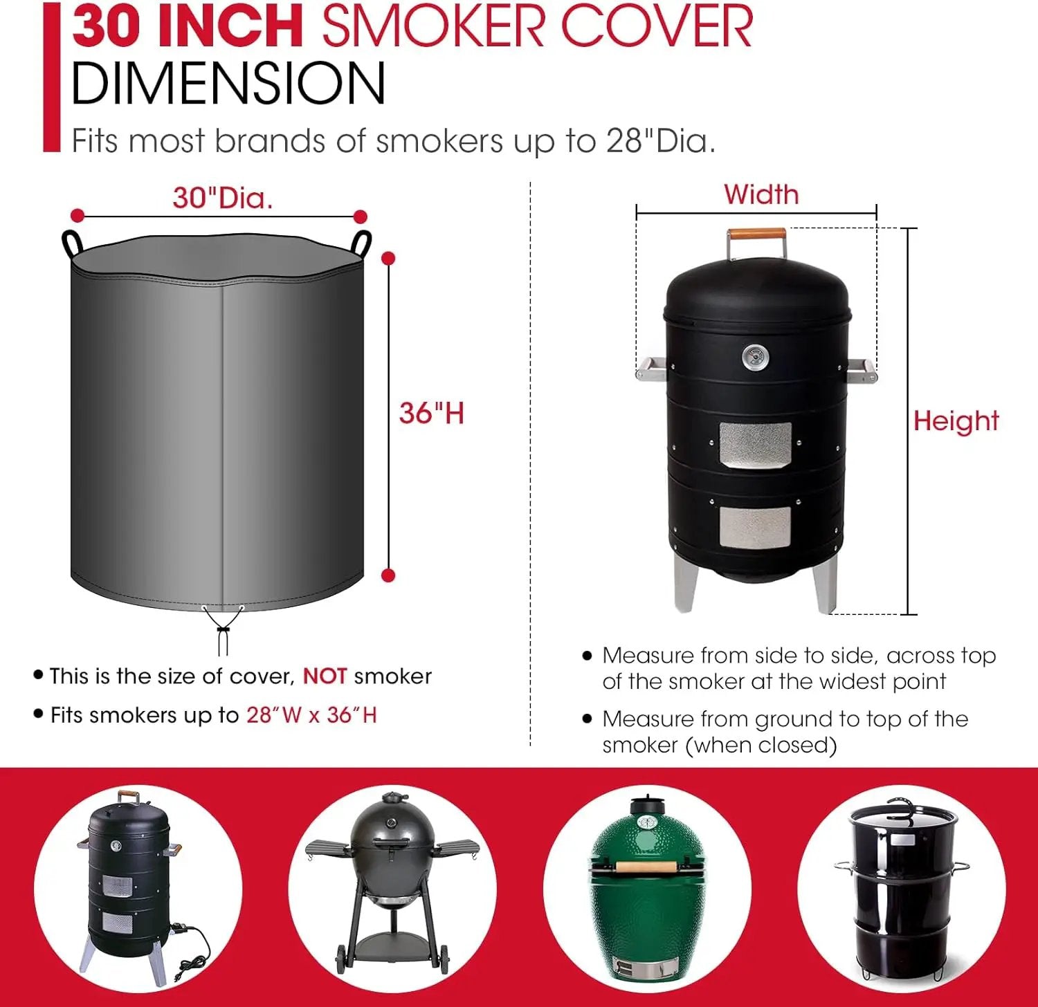 Unicook Round Smoker Cover 30 Inch, Heavy Duty Waterproof Charcoal Kettle BBQ Grill Cover, Fade Resistant Barrel Protector, Fits Weber Char-Griller Akorn Kamado and More, 30" Dia x 36" H by GreenHaven Gardens
