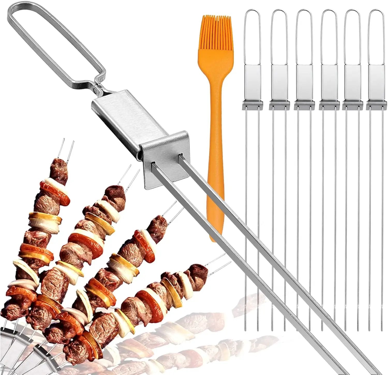 Skewers for Grilling- 17 inch (6 Pack) Double Pronged Flat Stainless Steel BBQ Skewer with Push Bar- Kabob Skewers Skewer Sticks for Camping or family - Reusable, BBQ Accessories by GreenHaven Gardens