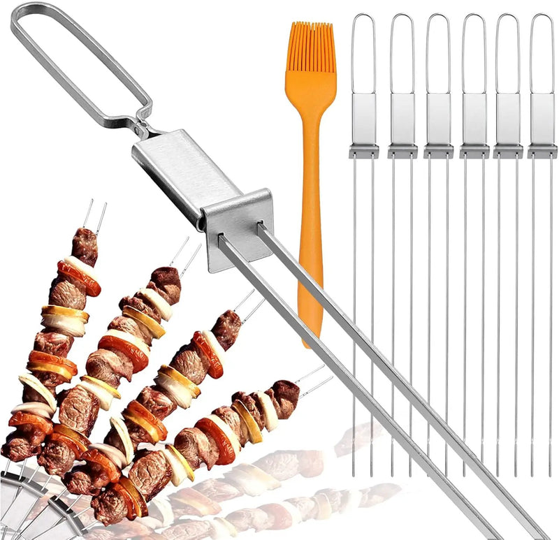 Skewers for Grilling- 17 inch (6 Pack) Double Pronged Flat Stainless Steel BBQ Skewer with Push Bar- Kabob Skewers Skewer Sticks for Camping or family - Reusable, BBQ Accessories by GreenHaven Gardens