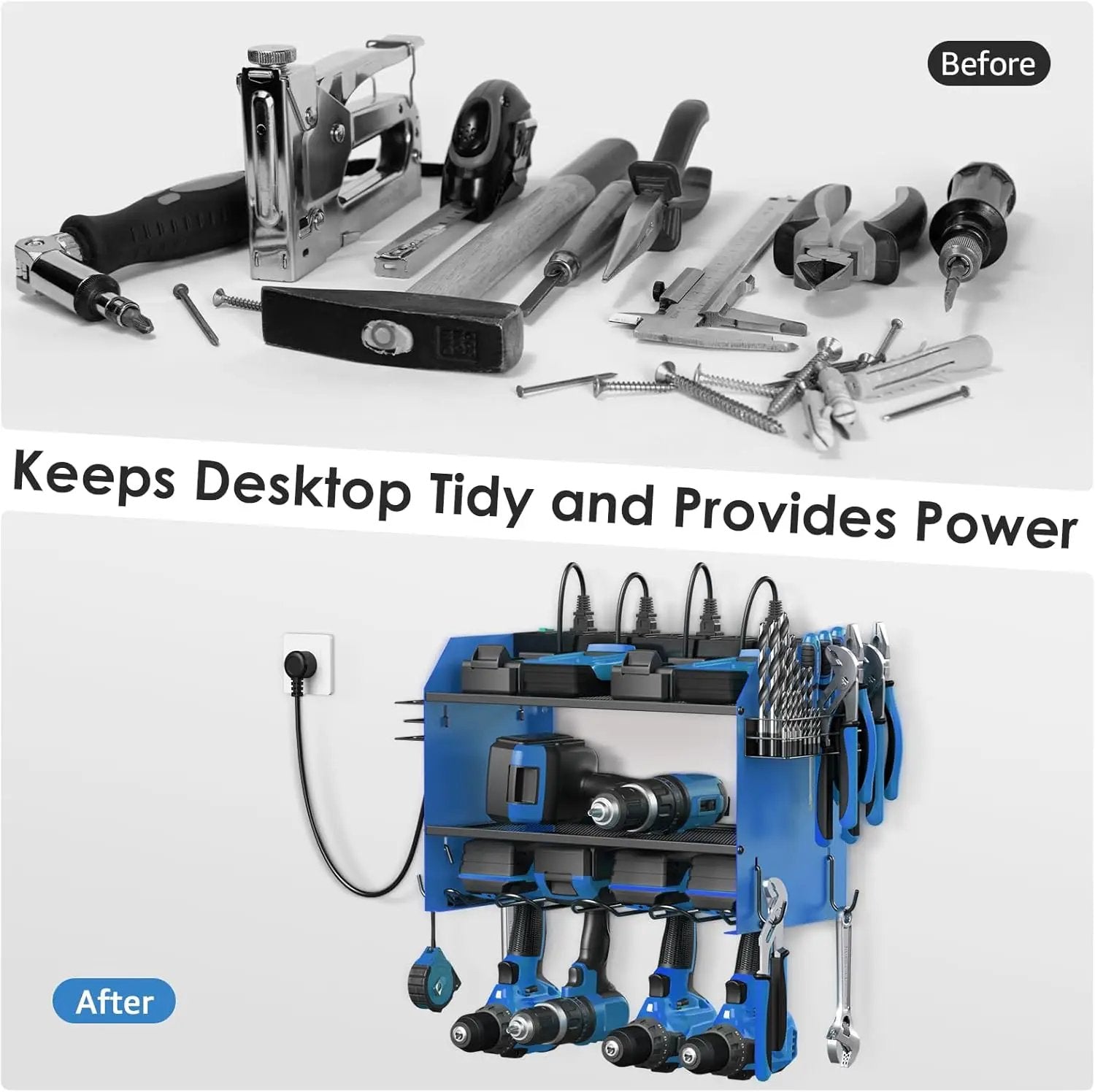 CCCEI Modular Power Tool Organizer Wall Mount with Charging Station. Garage 4 Drill Storage Shelf with Hooks, Screwdriver, Drill Bit Heavy Duty Rack, Tool Battery Holder Built in 8 Outlet Power Strip. by GreenHaven Gardens