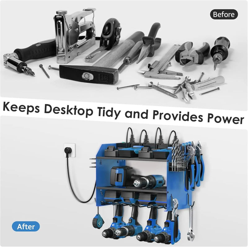 CCCEI Modular Power Tool Organizer Wall Mount with Charging Station. Garage 4 Drill Storage Shelf with Hooks, Screwdriver, Drill Bit Heavy Duty Rack, Tool Battery Holder Built in 8 Outlet Power Strip. by GreenHaven Gardens