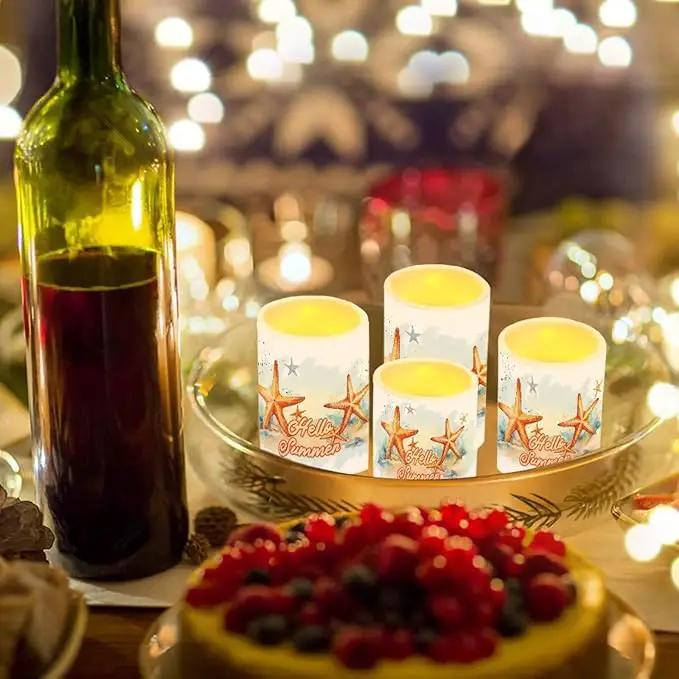 Flameless LED Candles Electric Candles with Remote Timer Control Color Changing Long Lasting Tealights Fake Candles Set of 4, Beach Themed Home Decoration, Starfish Hello Summer by GreenHaven Gardens