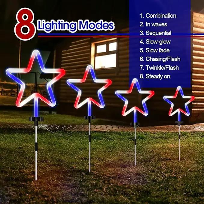 4 Pack Red White and Blue Solar Light Outdoor, 4th of July Decorations Patriotic Lights with Big LED Neon Star, Garden Stake Pathway Lights with 8 Modes for Independence Day Memorial Day Decor by GreenHaven Gardens