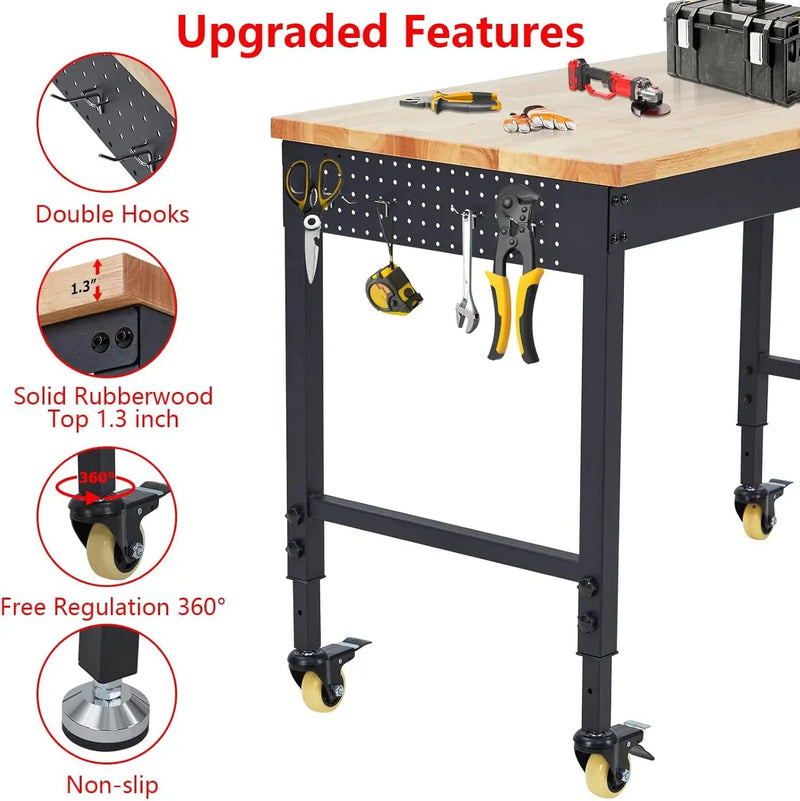 72" x 25" Heavy-Duty Adjustable Workbench with Power Outlets - 2000LB Capacity Garage Workbench, Rubberwood Top, Locking Wheels, Mobile Workstation for Workshop, Office & Home by GreenHaven Gardens