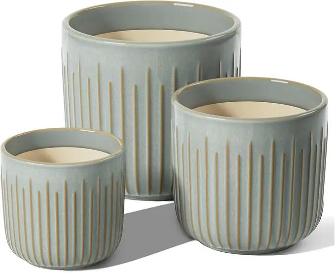 LE TAUCI Fluted Ceramic Planters Set of 3 – 8.3/7 / 5.7 in Blue Gray Reactive Cylinder Indoor Plant Pots with Drainage Plug & Mesh, Glossy Stoneware Flower Pots for Succulents Herbs by GreenHaven Gardens