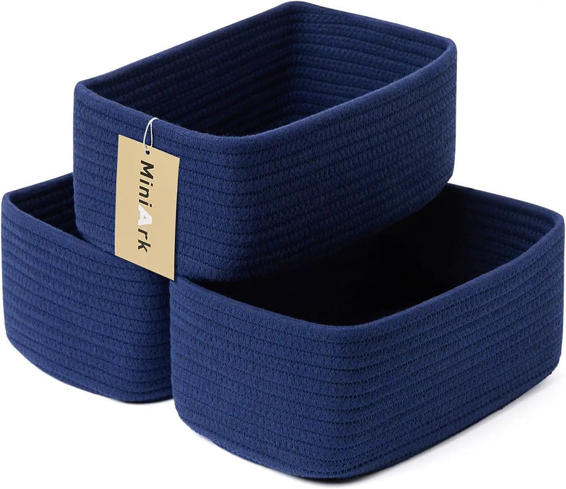Small Storage Baskets for Organizing | Closet Organizer Bins | Shelf Toy Basket | Woven Rope Baskets | Cube Decorative Box | Shallow Basket | 11.5x7.5x4.7” | 3 Packs Navy Blue by GreenHaven Gardens