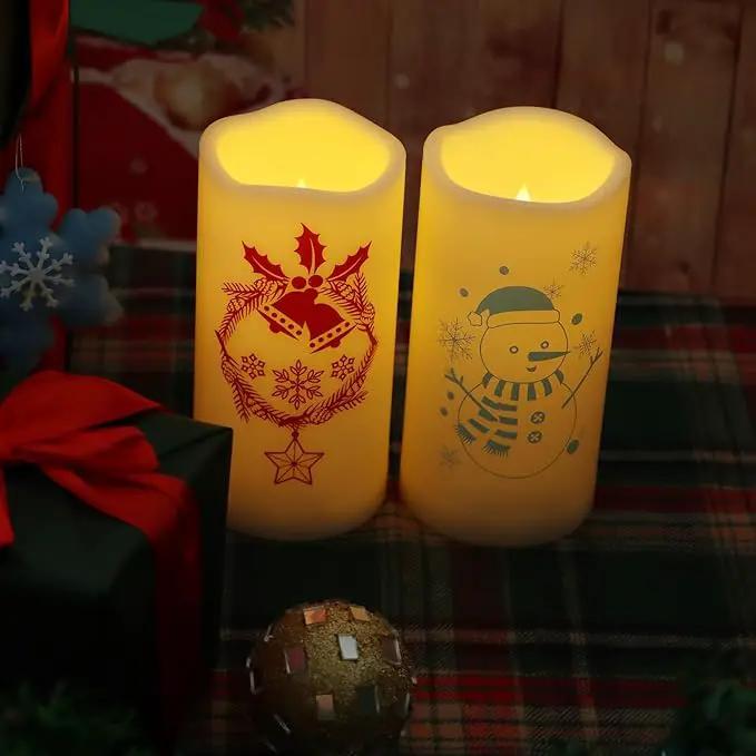 Outdoor Battery Operated Flameless Pillar Candles Auto Daily Timer Waterproof Realistic Flickering Electric LED Lights Wreath Jingle Bell Snowman Decals Christmas Decoration 3”X6” 2 Pack by GreenHaven Gardens
