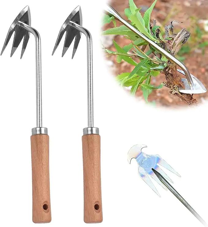 Stainless Steel Multifunctional Weeder, Hand Weeder Tool Stand Up Weed Puller Tool with Long Handle, V-Shaped Light Duty Hand Weeder for Lawn Garden Yard Farmland Weed Removal (Wood Handle 2PCS) by GreenHaven Gardens