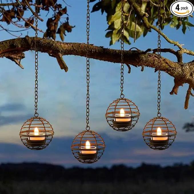 Solar Hanging Lanterns Outdoor Waterproof, Rust Iron Ball Candle Holder with Flickering Solar Powered Tea Lights, Perfect Chargeable Solar Lights for Backyard Patio Garden Fence Tree Decoration-4Pack by GreenHaven Gardens