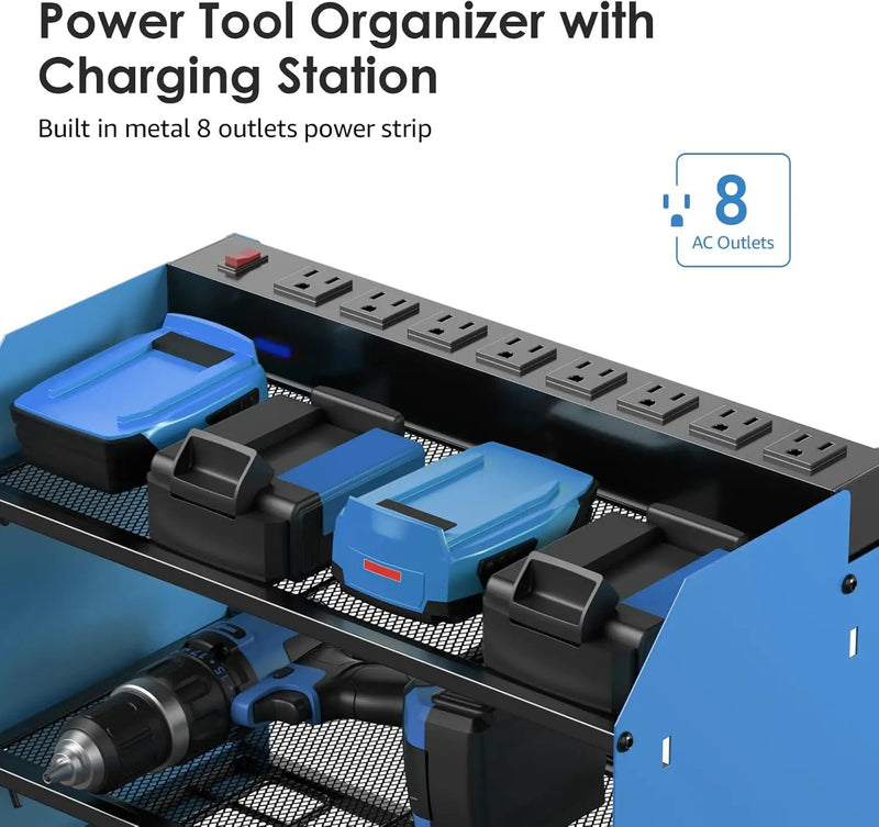 CCCEI Modular Power Tool Organizer Wall Mount with Charging Station. Garage 4 Drill Storage Shelf with Hooks, Screwdriver, Drill Bit Heavy Duty Rack, Tool Battery Holder Built in 8 Outlet Power Strip. by GreenHaven Gardens