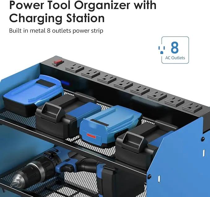 CCCEI Set Power Tool Organizer Wall Mount with Charging Station. Garage 4 Drill Storage Shelf with Hooks, Heavy Duty Metal Tool Battery Charger Organizer. Shop Utility Rack with Power Strip Blue. by GreenHaven Gardens