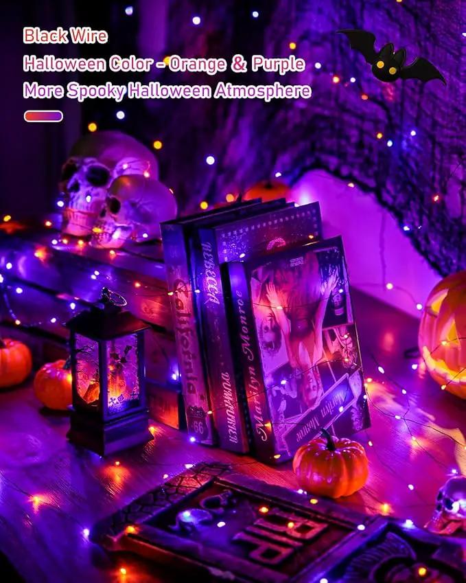 JMEXSUSS 2 Pack Solar Halloween Lights, Total 66FT 200 LED Orange and Purple Halloween Lights Outdoor Waterproof, 8 Mode Black Wire Solar String Lights for Tree Yard Spooky Party Halloween Decorations by GreenHaven Gardens