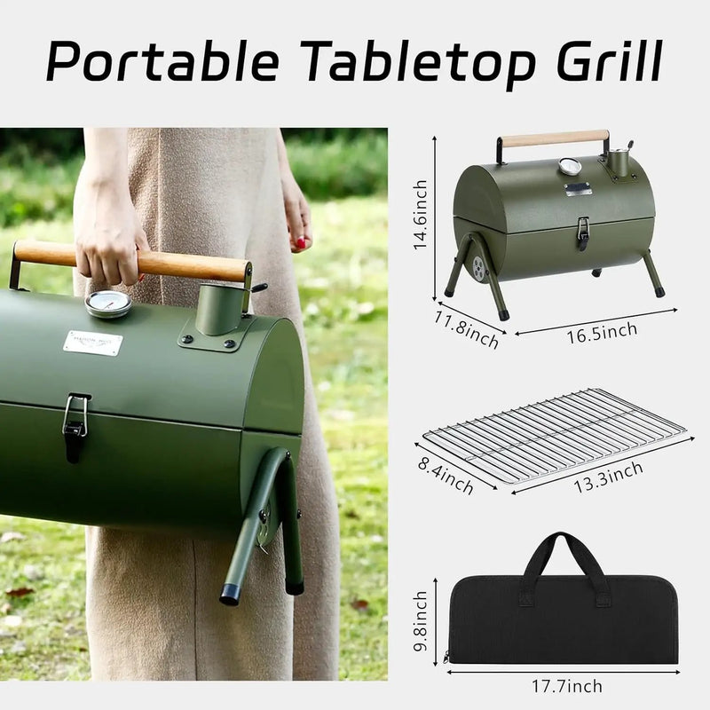 MAISON HUIS Adjustable Portable Charcoal Grill Multi-functional Metal Small BBQ Smoker with 9-Piece Stainless Steel Grill Tool Set for Outdoor Hiking Picnic (Green Kit) by GreenHaven Gardens