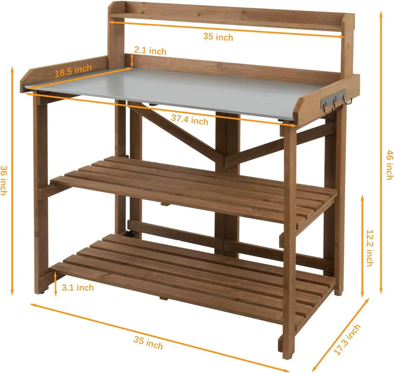 Folding Potting Bench Table,Outdoor Potting Bench Garden Wooden Potting Table,Fir Wood Workstation Planting Table with Galvanized Tabletop,2 Tier Storage Shelves,Top Shelf(Brown) by GreenHaven Gardens