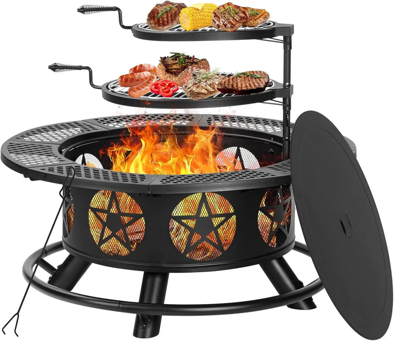 42 Inch Fire Pit with 2 Grills, Extra Large Wood Burning Fire Pits for Outside with Lid & Poker, Heavy Duty Firepit,BBQ& Outdoor Fire Pit & Round Metal Table 3 in 1 for Patio, Picnic, Party by GreenHaven Gardens