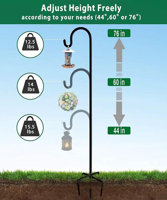 Artibear Adjustable Outdoor Shepherd Hook Stand with 5 Prong Base, 76 Inches Tall 3/5 in Thick, Shiny Black (1 Packs) by GreenHaven Gardens