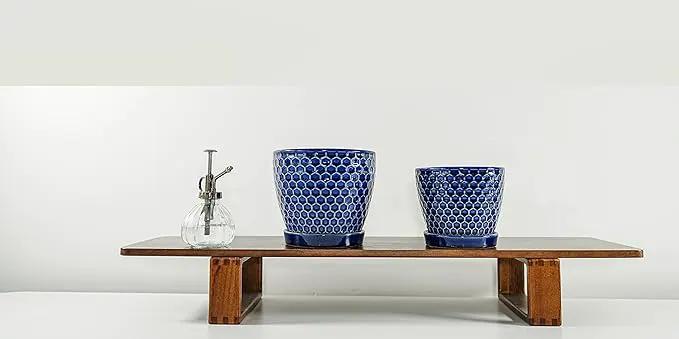 Docrin Ceramic Plant Pots Indoor, 6.6 + 5.5 Inch Planters with Drainage Holes and Saucer for Home/Office - Set of 2 /Blue Honeycomb by GreenHaven Gardens