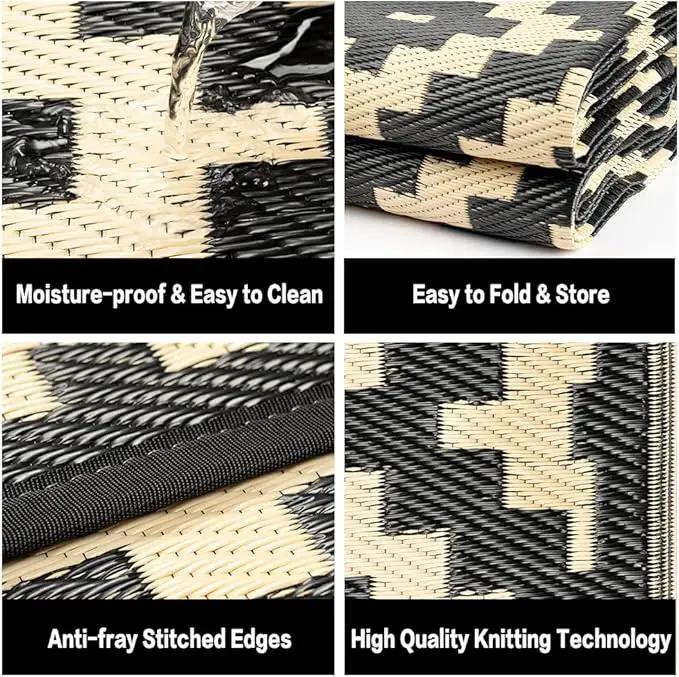Outdoor Plastic Straw Rug, Waterproof Mat, Washable Large Floor Mat and Rug for Outdoors, RV, Beach, Patio, Camping, Backyard, Deck, Picnic, Indoor Outside (8x10ft,Geometry/Black&Beige) by GreenHaven Gardens