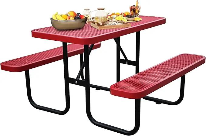 4FT Metal Picnic Tables for Outdoors, Commercial Rectangular Picnic Table and Bench Set for Outside, Patio, Garden, Backyard, Porch, Surface Mount, Red by GreenHaven Gardens