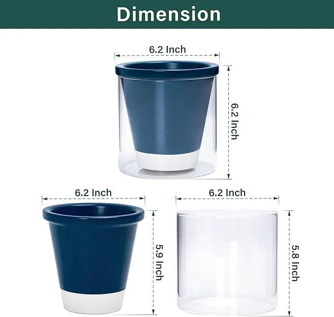 D'vine Dev 6 Inch Design Self Watering Planter for Indoor Plants, Blue Terracotta Pot with Cylinder Glass Cup, 37-X-B-4 by GreenHaven Gardens