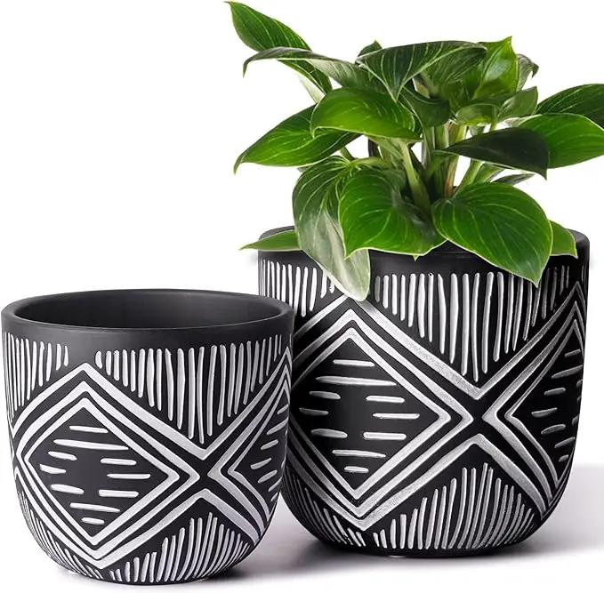 6 Inch Boho Planter Pots with Drainage Holes, 2 Pcs Terracotta Pots, Ceramic Plant Pots for Indoor Plants, Ferns, Vines, Succulents, and Outdoor Plants Growing, Gift for Plant Lovers（Black） by GreenHaven Gardens