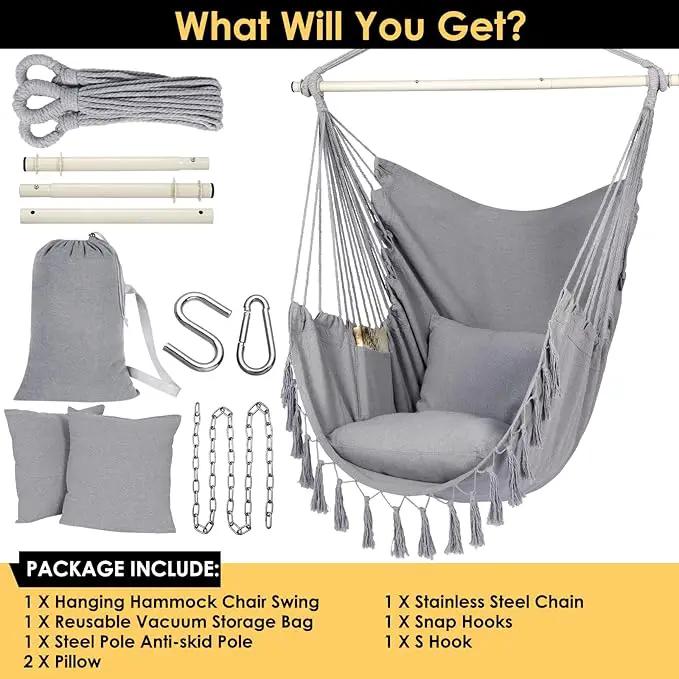 Y- STOP Hammock Chair Hanging Rope Swing, Max 500 Lbs, 2 Cushions Included, Large Macrame Hanging Chair with Pocket for Superior Comfort, with Hardware Kit (Light Grey) by GreenHaven Gardens