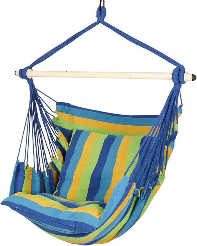 Highwild Hammock Chair Hanging Rope Swing - Max 500 Lbs - 2 Cushions Included - Steel Spreader Bar with Anti-Slip Rings - for Any Indoor or Outdoor Spaces (Blue Striped) by GreenHaven Gardens