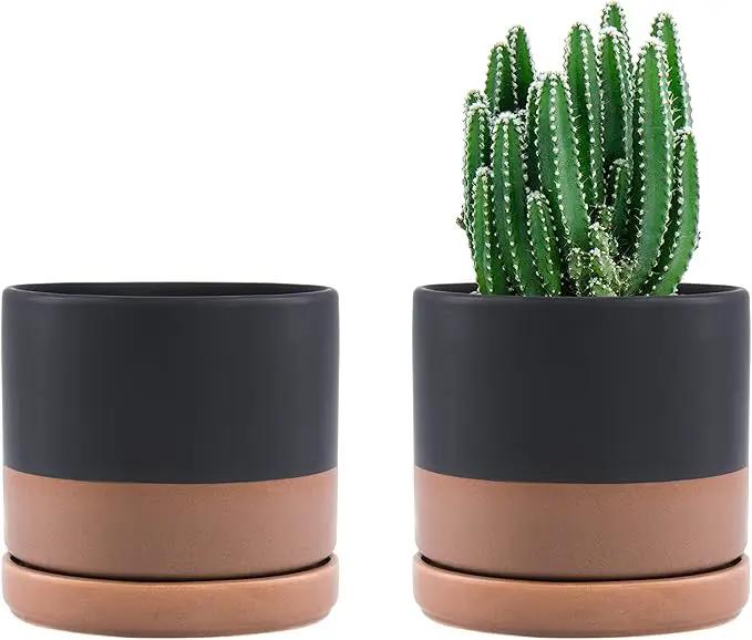 D'vine Dev Set of 2 Plants Pots, 4.6 Inch Ceramic Planter Pot for Plants with Drainage Hole and Saucer, Black/Speckled Tan, 94-V-B-7 by GreenHaven Gardens