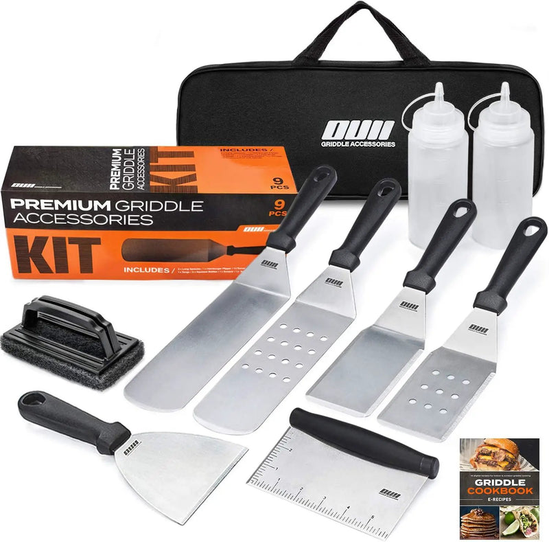 Flat Top Griddle Accessories for Blackstone and Camp Chef Griddle - 9 Pieces Set with Griddle Cleaning Kit and Carry Bag! Metal Spatula, Scraper for Hibachi and Teppanyaki Grill by GreenHaven Gardens