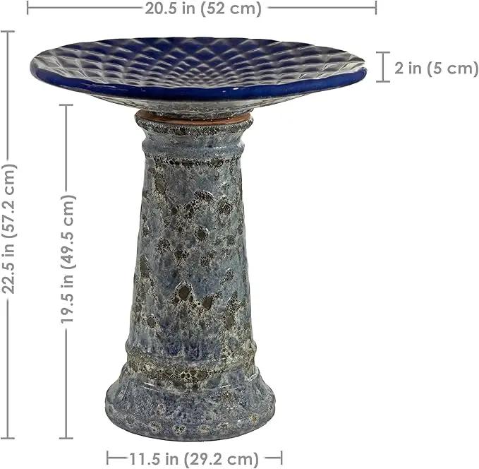 Sunnydaze Rennes Outdoor Ceramic Bird Bath - 22.5" H - UV- and Frost-Resistant - Glazed Bowl with Blue Lava Finish by GreenHaven Gardens