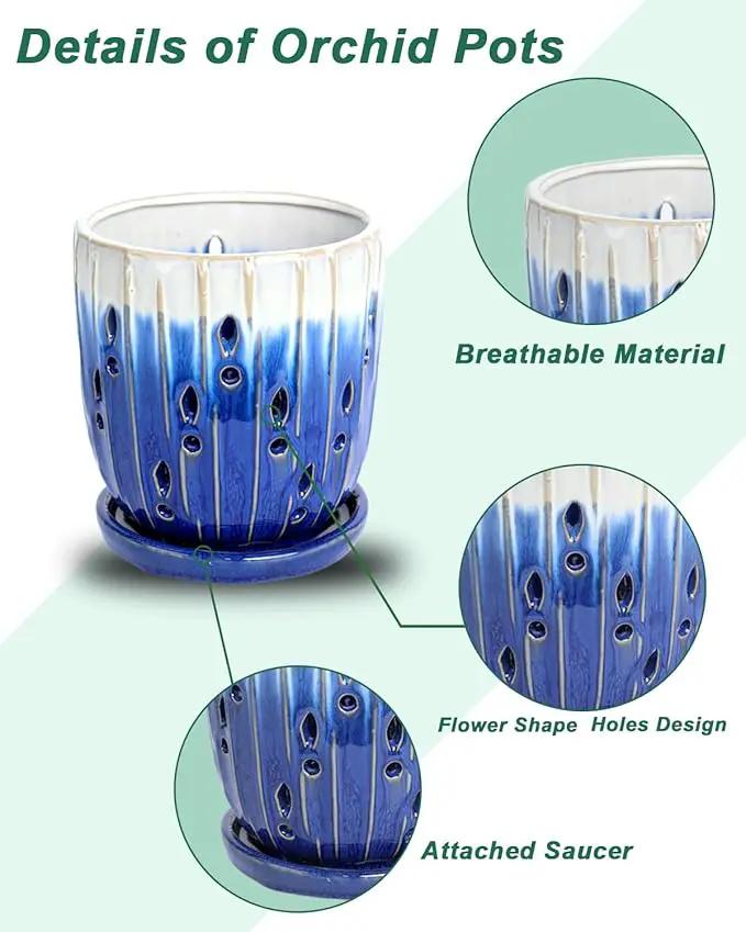 vensovo 6 Inch Ceramic Orchid Pot - Orchid Pot with Holes for Repotting, Ceramic Planter with Saucer for Indoor/Outdoor Plants, Blue by GreenHaven Gardens