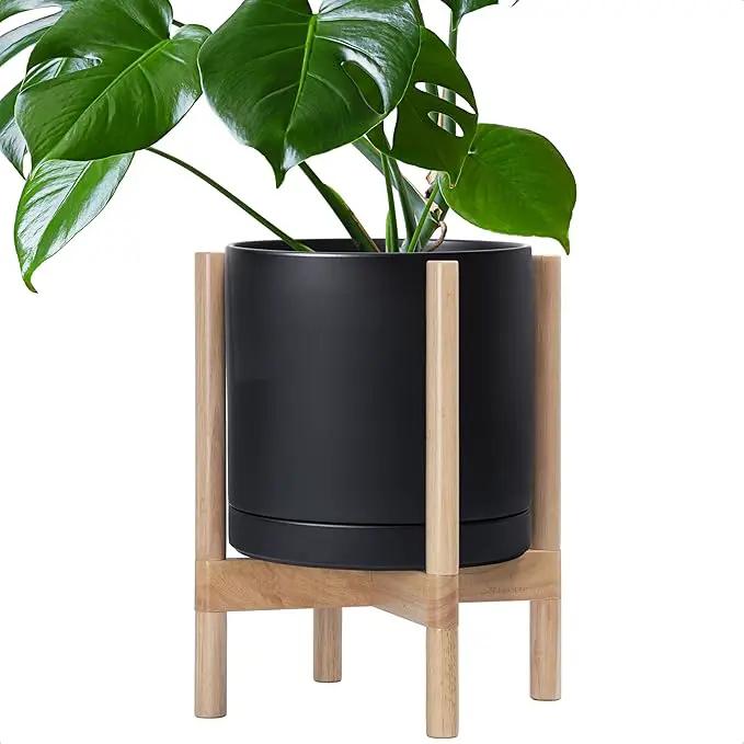 D'vine Dev Ceramic Planter with Natural Stand - 12 Inch Modern Round Flower Pot with Wood Planter Holder, Black, 55-B-J-2 by GreenHaven Gardens