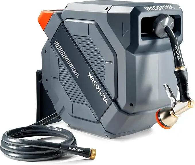 Retractable Garden Hose Reel 1/2 in x 175 ft Professional Metal Bracket & 9-Pattern Metal Nozzle UV Resistant Brass Fitting Heavy Duty Wall Mount Any Length Lock Slow Retraction 180° Swivel by GreenHaven Gardens