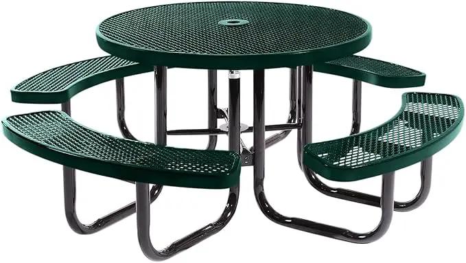 Heavy-Duty Portable Outdoor Picnic Table with Umbrella Hole, Expanded Metal Commercial-Grade Patio Dining Furniture Made in America (46" Round Top, Textured Dark Green) by GreenHaven Gardens