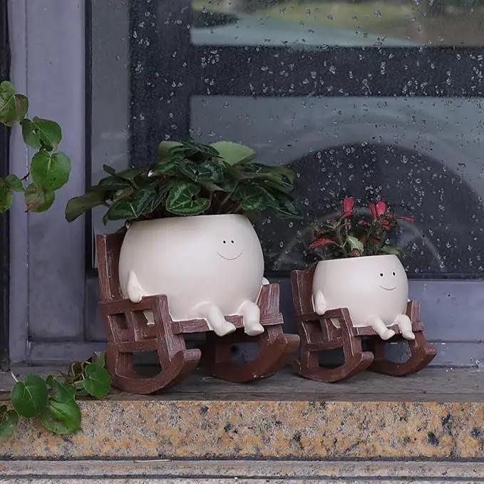 Smily Face Planter Pot Cute Resin Flower Head Planters for Indoor Outdoor Plants Unique Sitting Rocking Chairs Succulent Pots for String of Pearls Plant Live Gift Ideals with Drainage Hole by GreenHaven Gardens