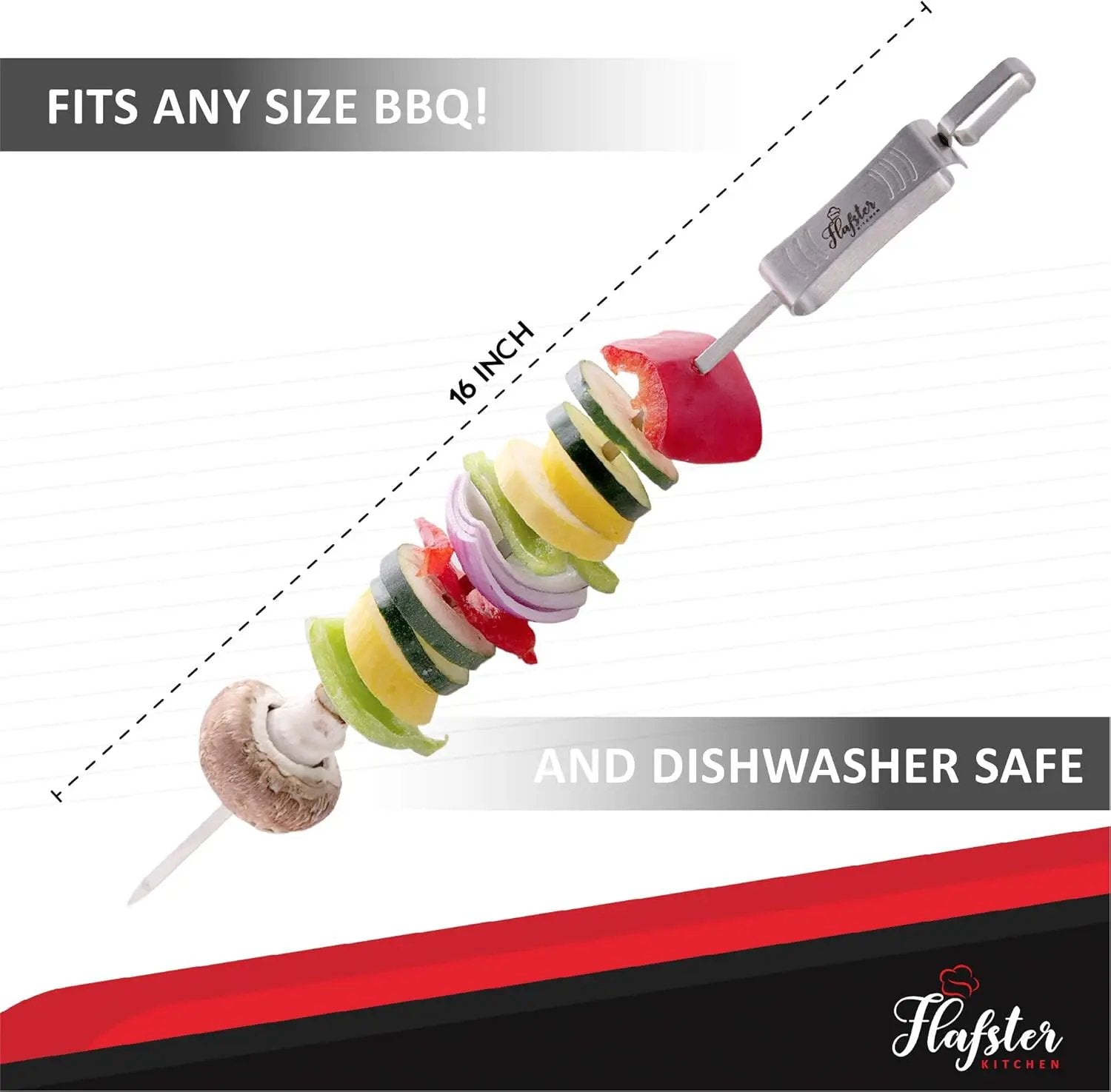 "FLAFSTER KITCHEN BBQ Skewers for Grilling - 16" Stainless Steel Flat Kebab Sticks with Push Bar, Reusable Metal Shish Kabob Skewers, Set of 6" by GreenHaven Gardens